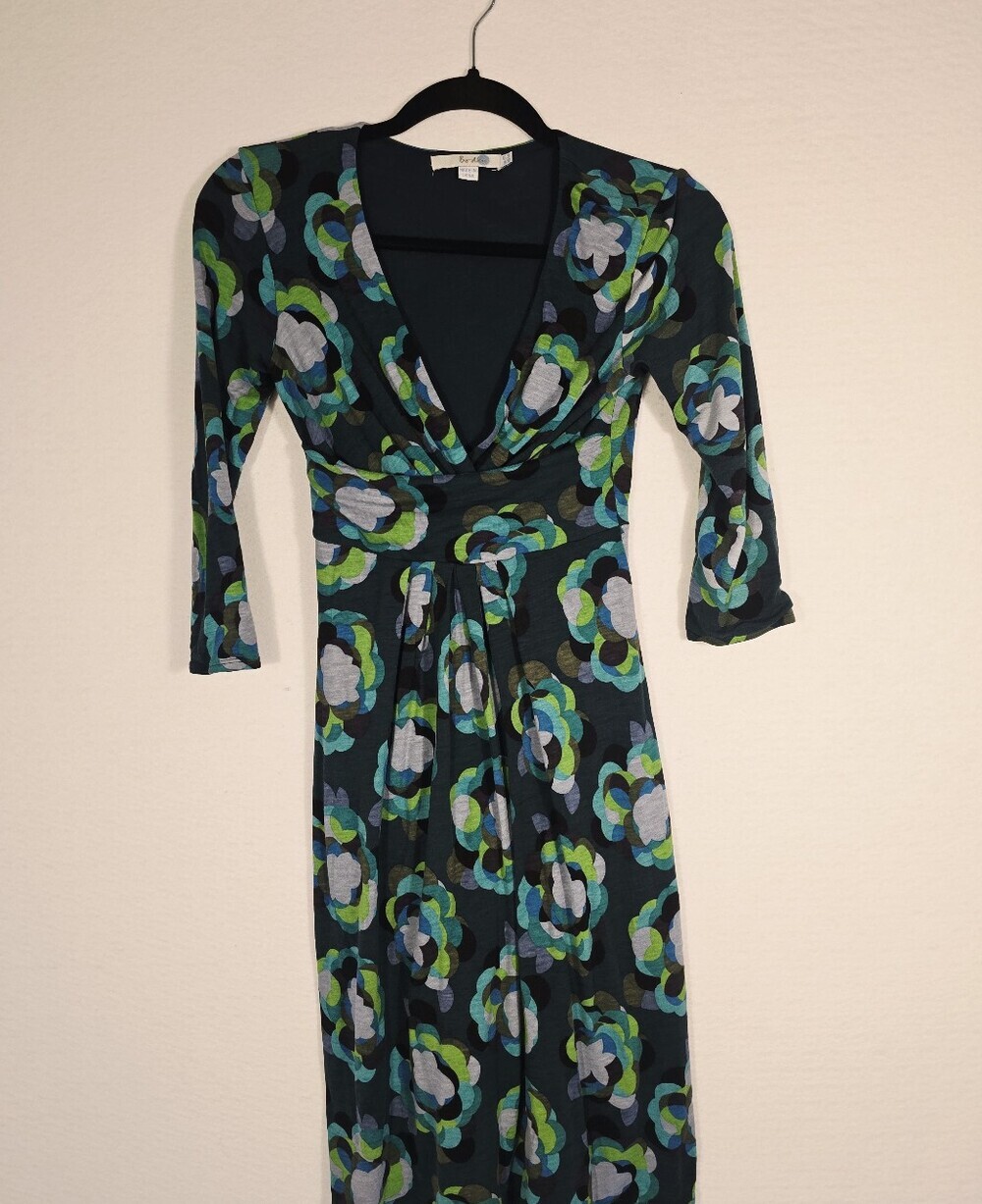 Boden Faux Wrap Green Black Floral Stretchy V Neck 3/4 Sleeve Dress. Ladies 4 - Picture 2 of 9
